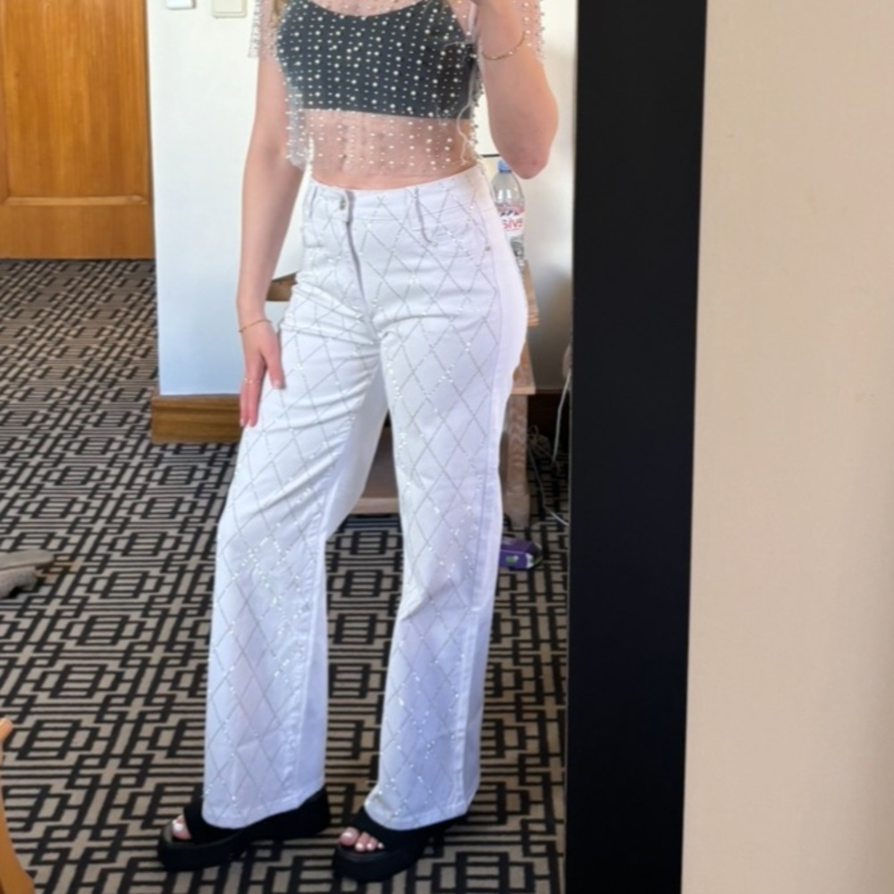 High Rise White Denim Sparkly Jeans
